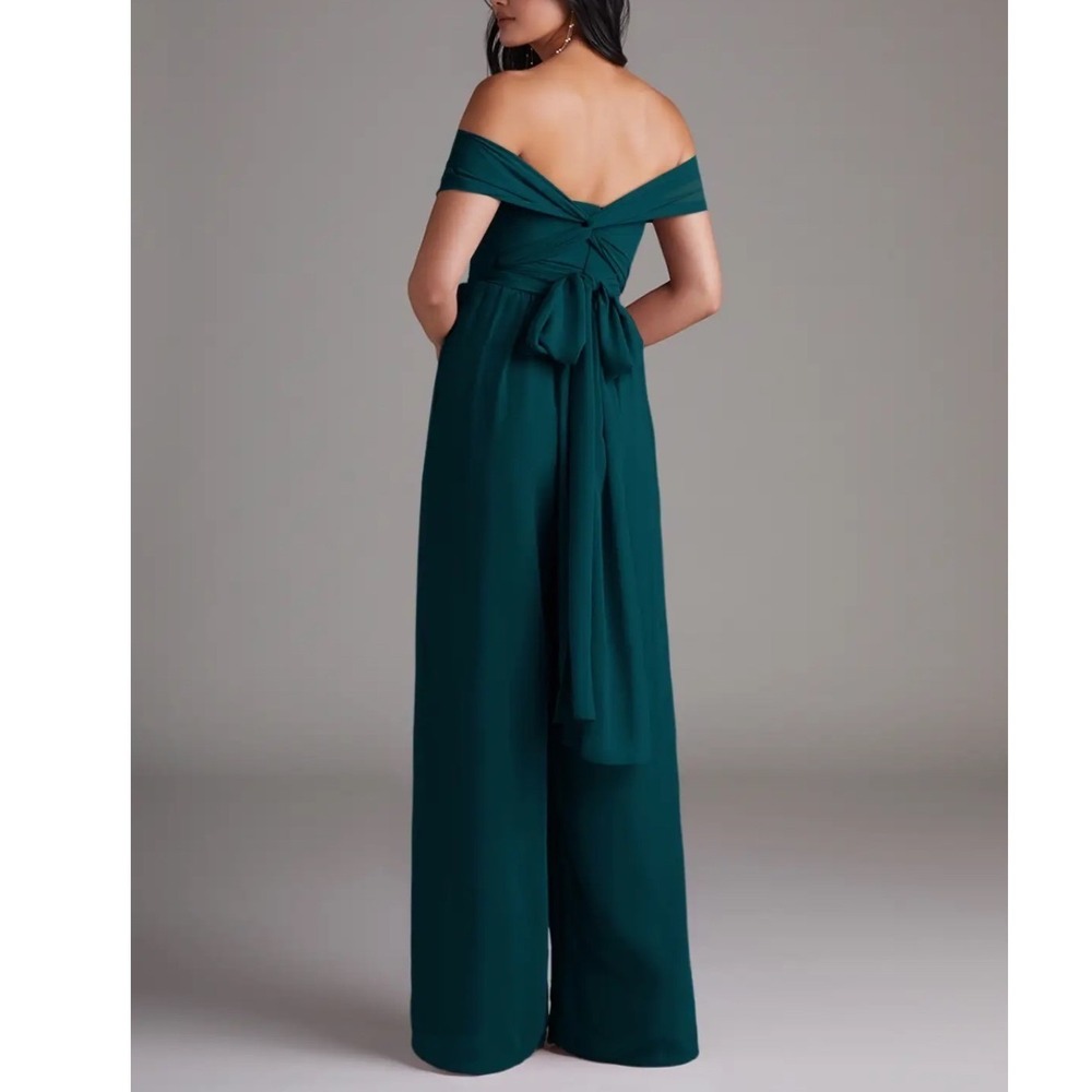 Azazie Lamara Pine‎ Green Chiffon Convertible Wide Leg Jumpsuit Size A16 - Picture 16 of 16